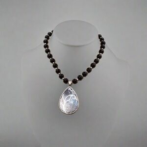 Black Beaded Necklace with Silver Tone Teardrop Pendant – Elegant Statement